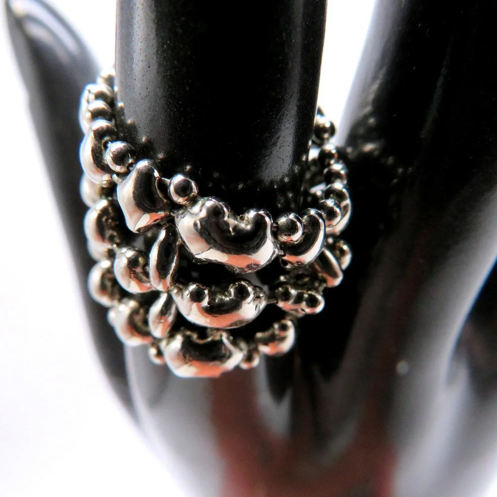 Silver Tone Beaded Mesh Stretch Statement Ring Industrial Modern Sculptural